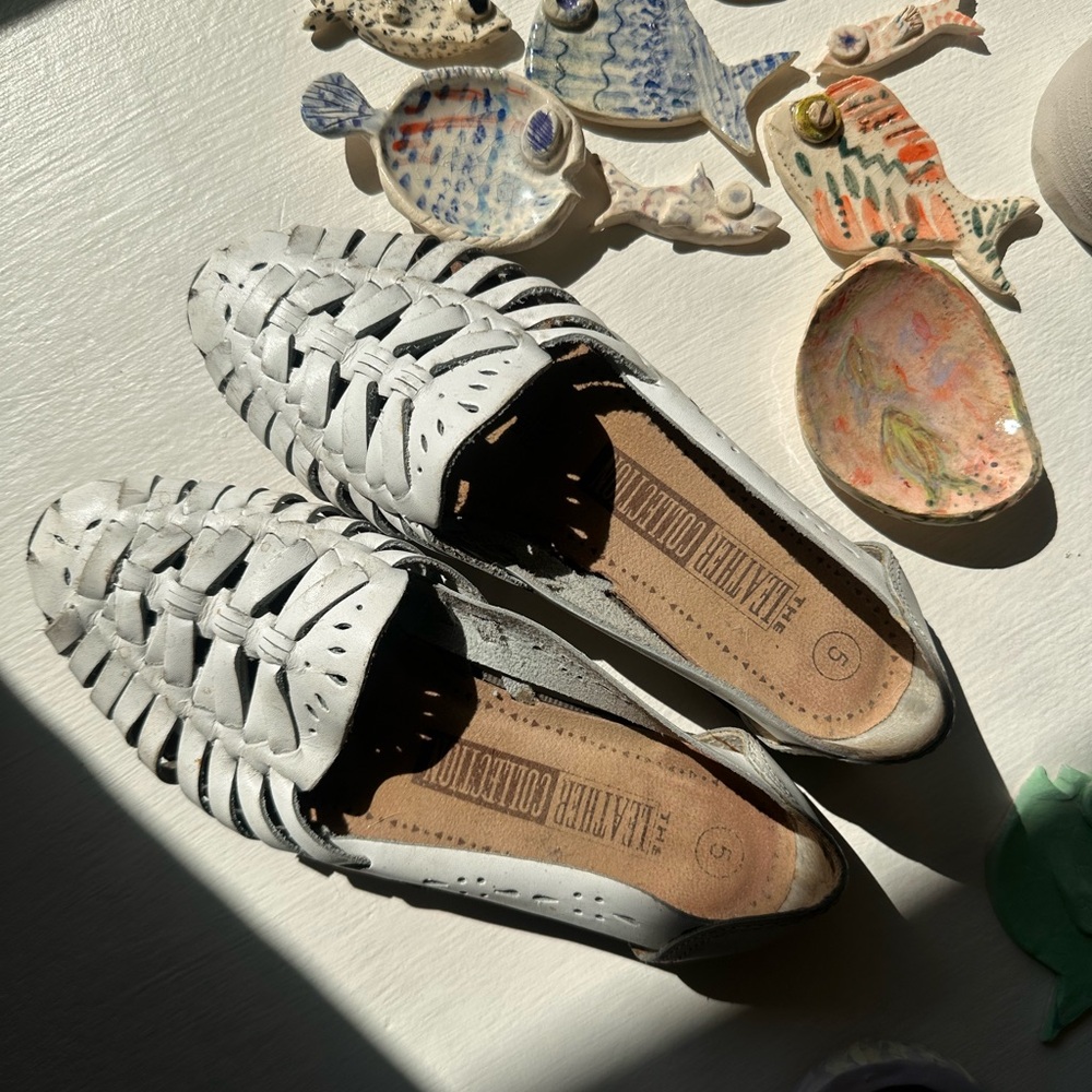 White Leather Woven Flats Huaraches